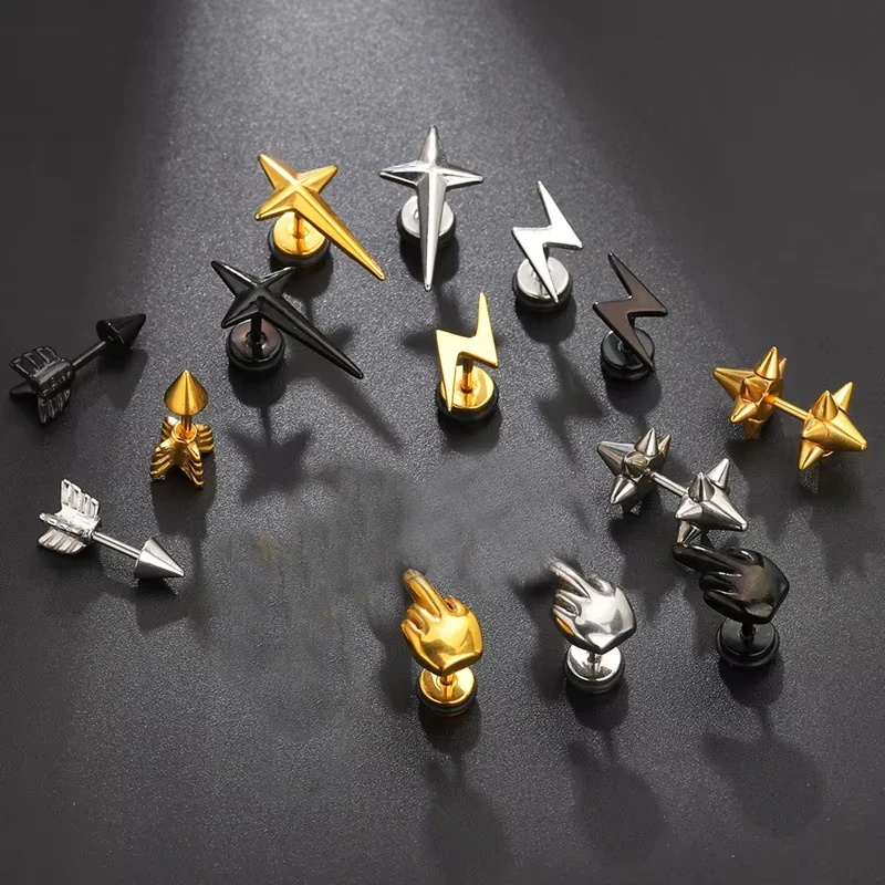 Punk Stainless Steel Earrings For Men Women Gothic Rockets Arrow Stud Earrings Finger Cool Prevent Allergy Gold Puncture Earring