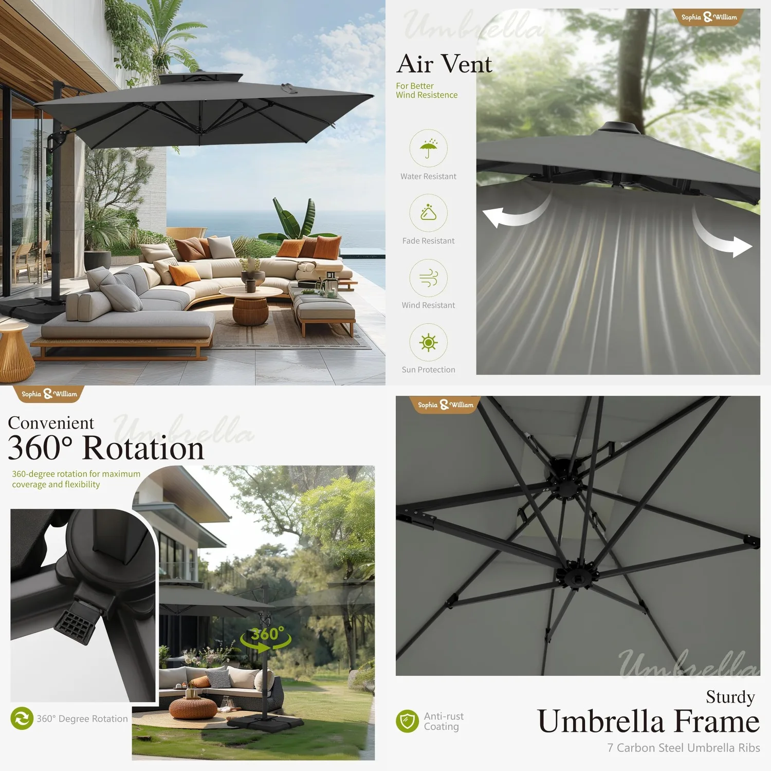 

12ft Cantilever Patio Umbrella with Base, Large Rectangular Umbrellas with 360-degree Rotation, Aluminum Pole for, Customized