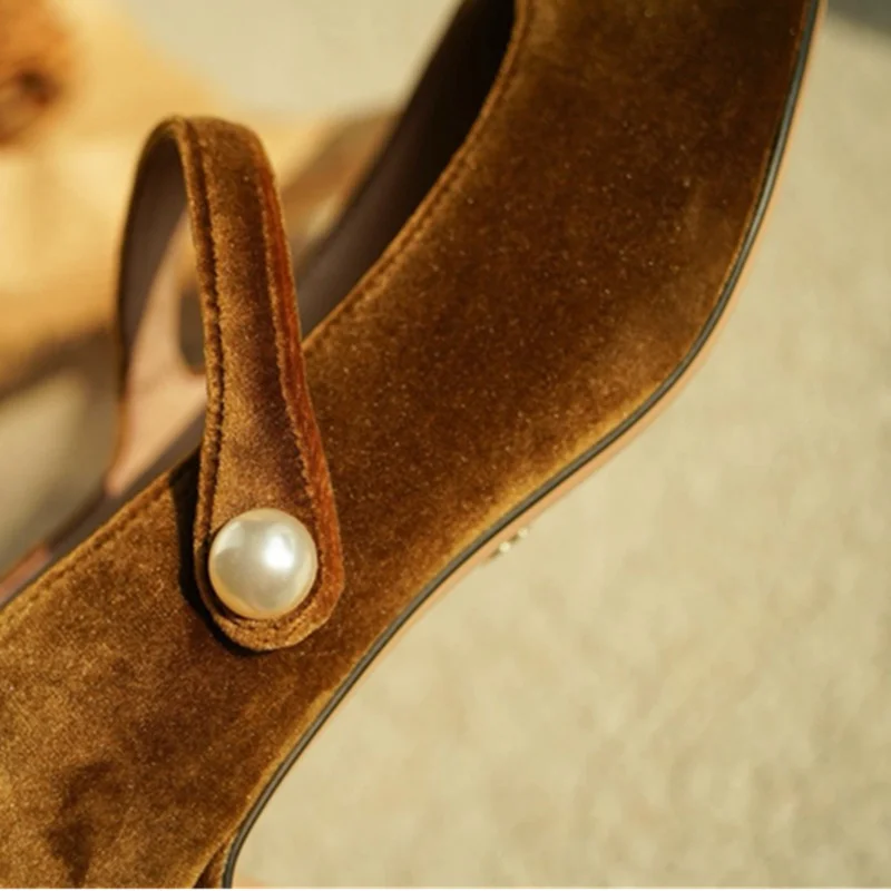 Withered French Vintage Velvet Mary Jane Shoes With Pearl Decoration Elegant 4.5CM High Heels Sandals Shoes Women