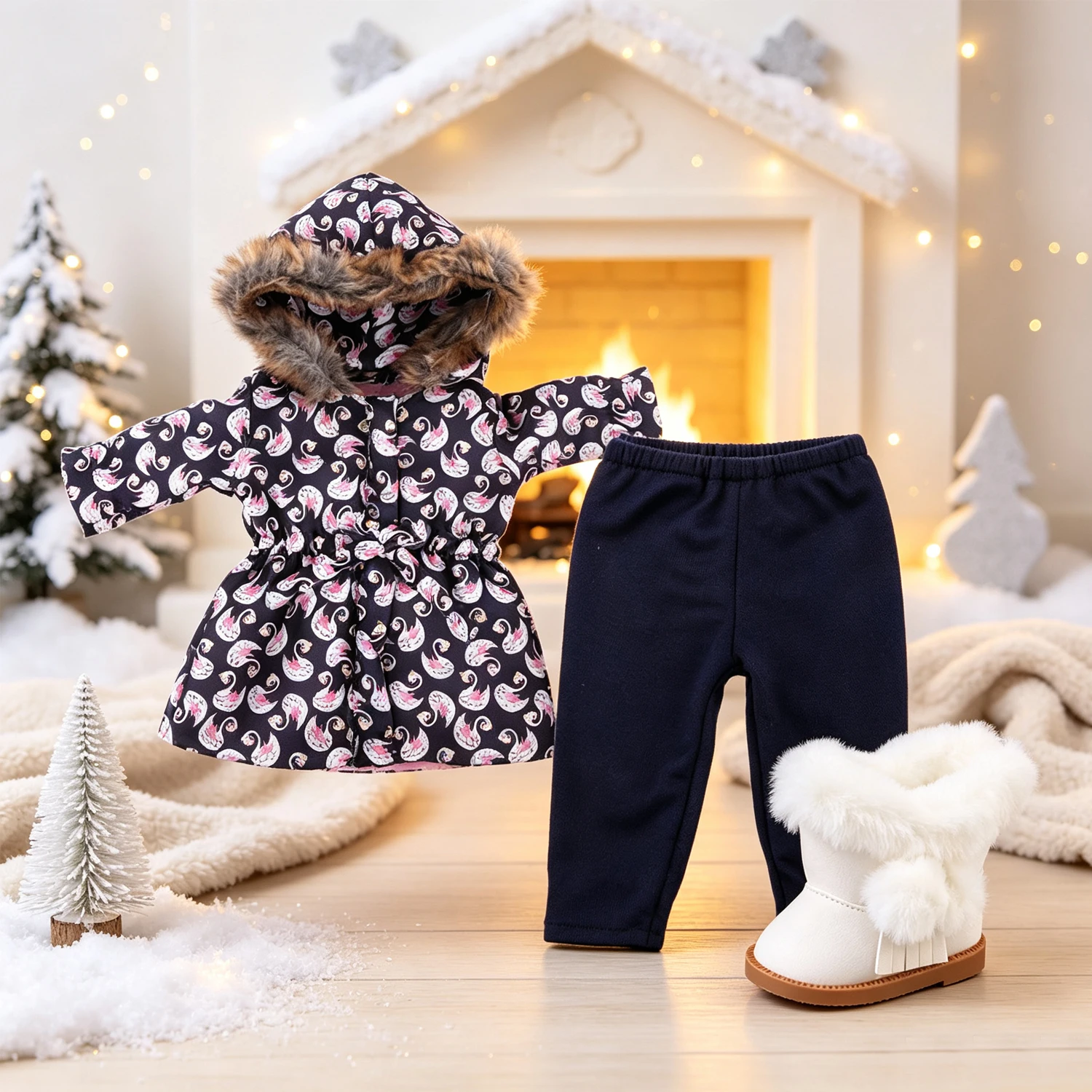 Winter Doll Clothes Set Floral Paisley Hooded Parka With Pants + Snow Boots For 18" American & 43cm Baby Newborn,OG Girl Dolls