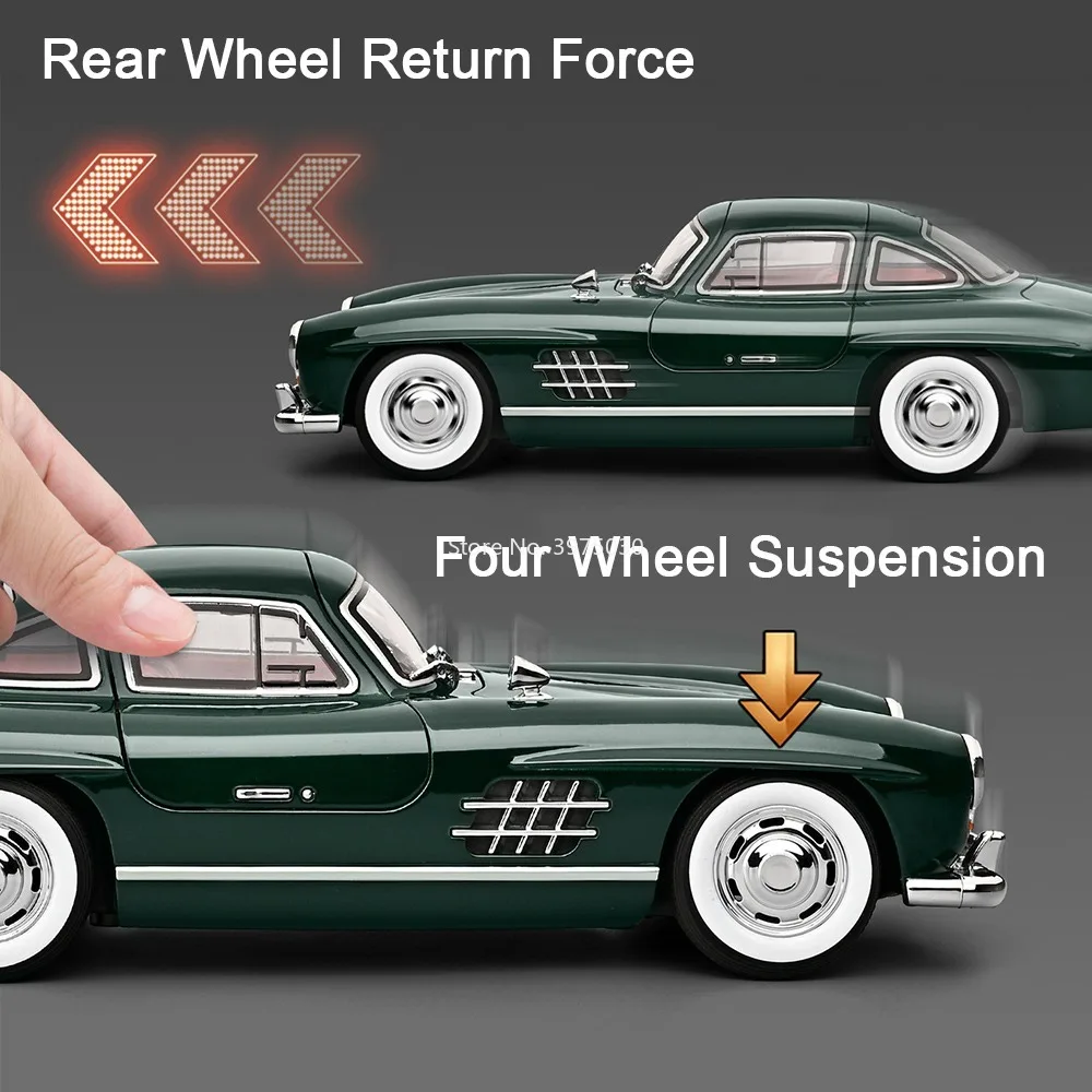 1:18 Legering Benz 300SL Auto Modellen Diecast Speelgoed Rubberen Banden Wiel Trek Miniatuur Vintage Auto Licht Muziek Voertuig Home Decor