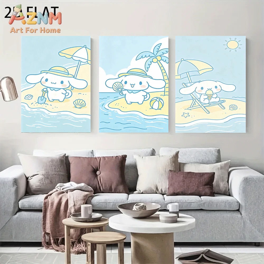 AZNM Cinnamoroll Canvas Wall Art Unframed Cute Cartoon Print Poster Summer Beach Palm Tree Sun Umbrella Seashell Ice Cream Sandb