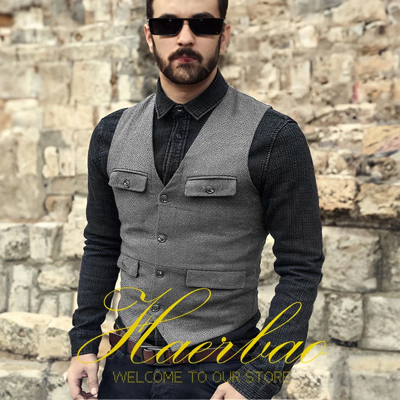 Vest for Men V Neck Herringbone Sleeveless Jacket Vintage Style Steampunk Men Vest Business colete masculino