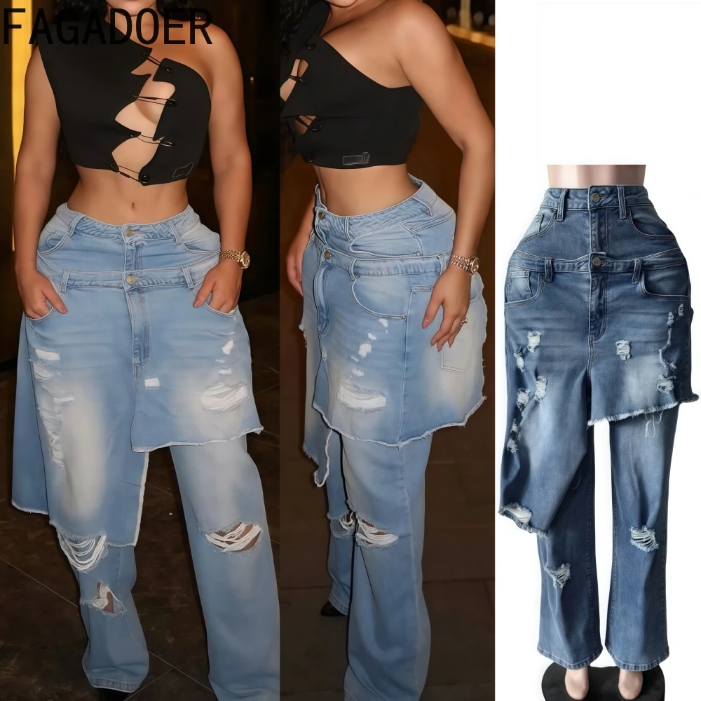 

FAGADOER Retro Fashion Hollow-out Bodycon Denim Pants Woman Irregular Patchwork Straight Leg Jeans Female Streetwear Bottoms New