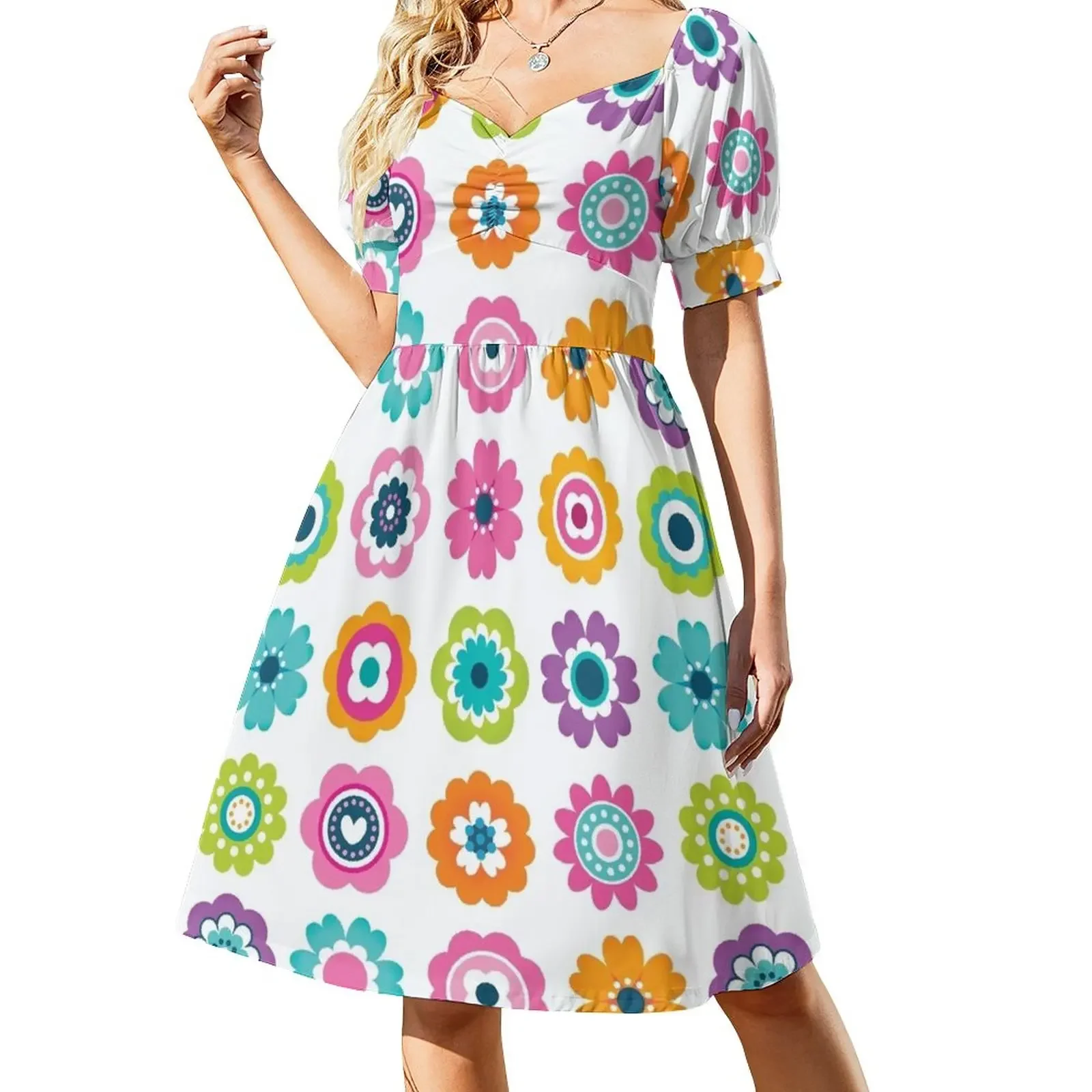 

Mod Flowers in Spring Colors Short-Sleeved Dress Clothing female women's elegant loose dresses beach dresses Dress for girls
