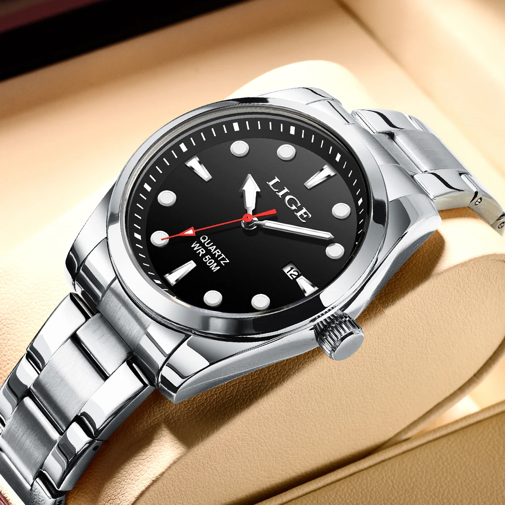LIGE Fashion Top Brand Luxury Watch Men 50M Luminous Waterproof Watch Green Stainless Steel Sport Mens Watches Date Quartz Clock