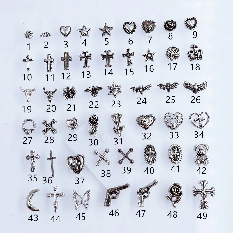 10Pcs/Lot Korea Metal Alloy Nail Art Parts Vintage Cross Flower Heart Gun Moon Bear Bull Bat 3D DIY Accessories Stickers Charms