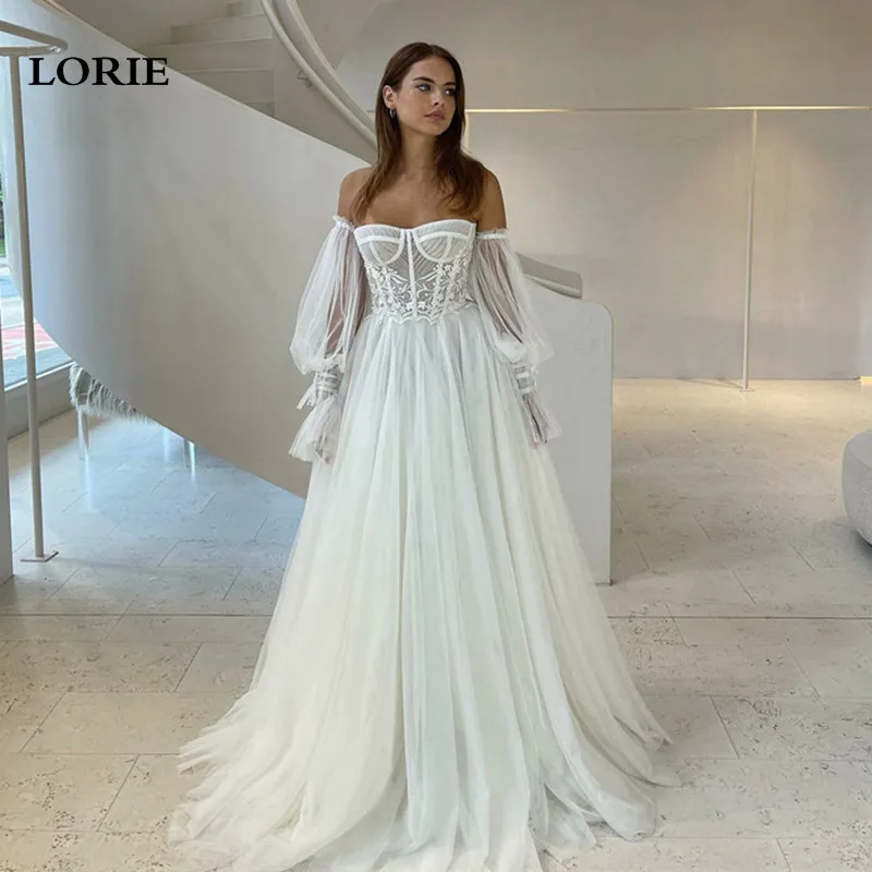 LORIE Lace Boho Wedding Dresses A Line Puff Long Sleeve Corset Bride Dress Classic Wedding Gowns 2023 For Women