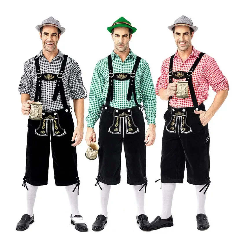 Germany Oktoberfest Bavarian Outfit Men's Plaid Shirt And Overalls Clothing