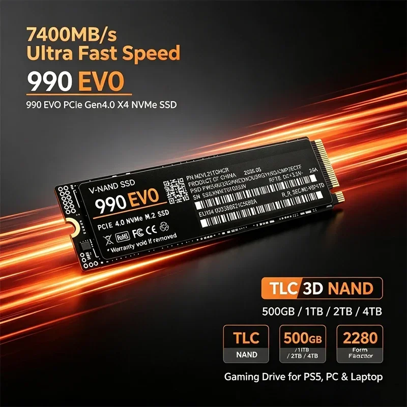 Gaming M.2 NVMe SSD 990 EVO PCIe 4.0 X4 7400MB/s TLC 3D NAND 2280 Internal Drive 500GB 1TB 2TB 4TB for PS5 Laptop Desktop PC