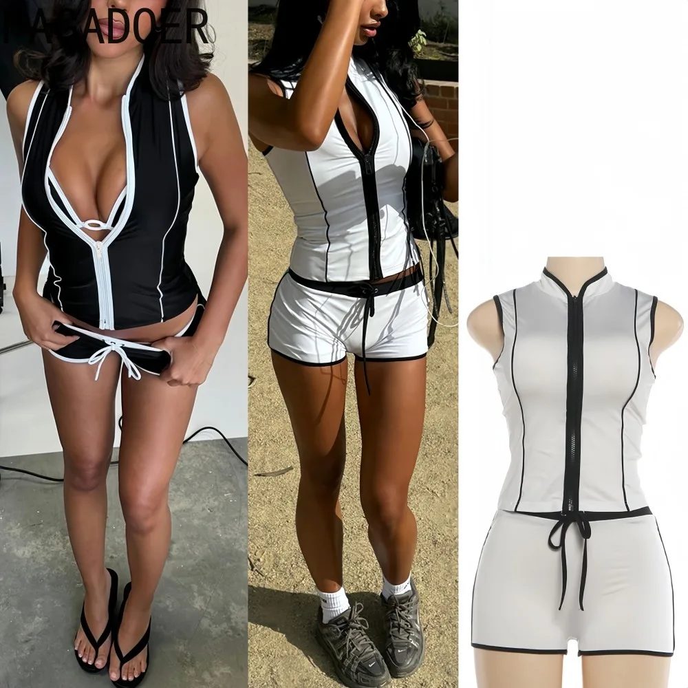 

FAGADOER Весенний новый сексуальный женский комплект из 2 предметов: укороченный топ без рукавов в полоску с лоскутным узором и шорты, женская уличная одежда, новинка