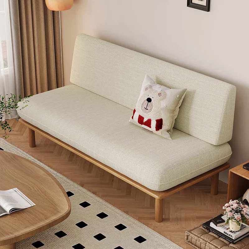 Japanese-style small apartment log wind sofa three-person solid wood foot cotton and linen fabric sofa new living room homestay