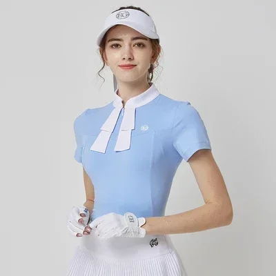 Blktee New Woman Breathable Golf Shirt with Bow Tie Short Sleeve T-shirt Lady Elastic Pleated Golf Quick Dry Skirt Elegent Suit