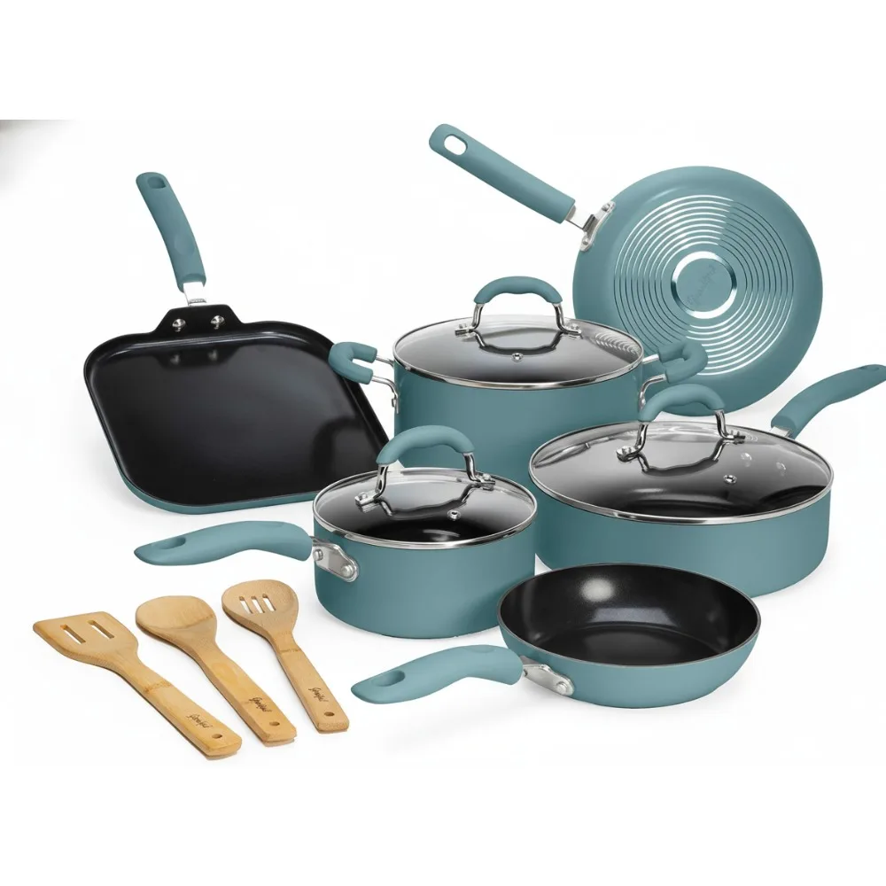 

Premium Ceramic Nonstick Cookware Set, PFOA-Free & Dishwasher Safe, 12-Piece Turquoise for Healthy Home Cooking