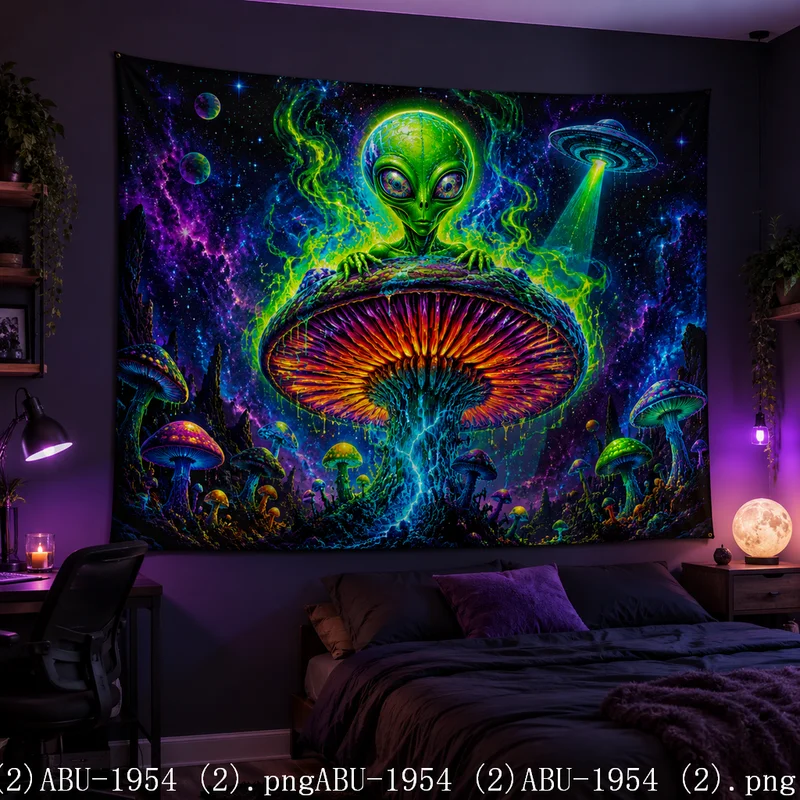 VIKAMA UV Blacklight Alien Mushroom Tapestry Psychedelic Galaxy UFO Print Glow Wall Hanging For Gaming Room Bedroom Decor Banner