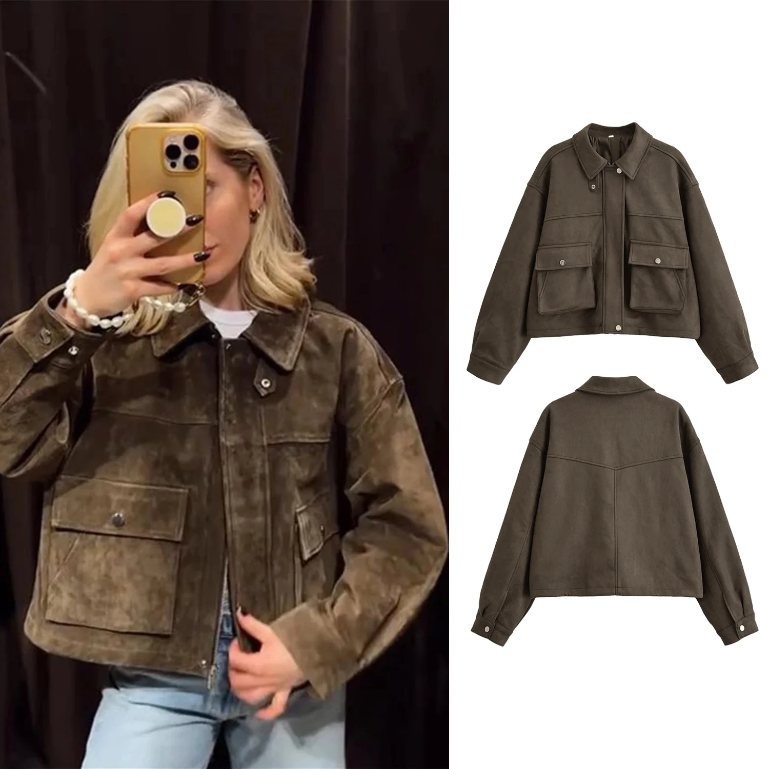 

Women Retro Turn-Down Collar Short Jackets Coat 2025 Autumn Winter Female Single Breasted Large Pockets Thick Loose Coat