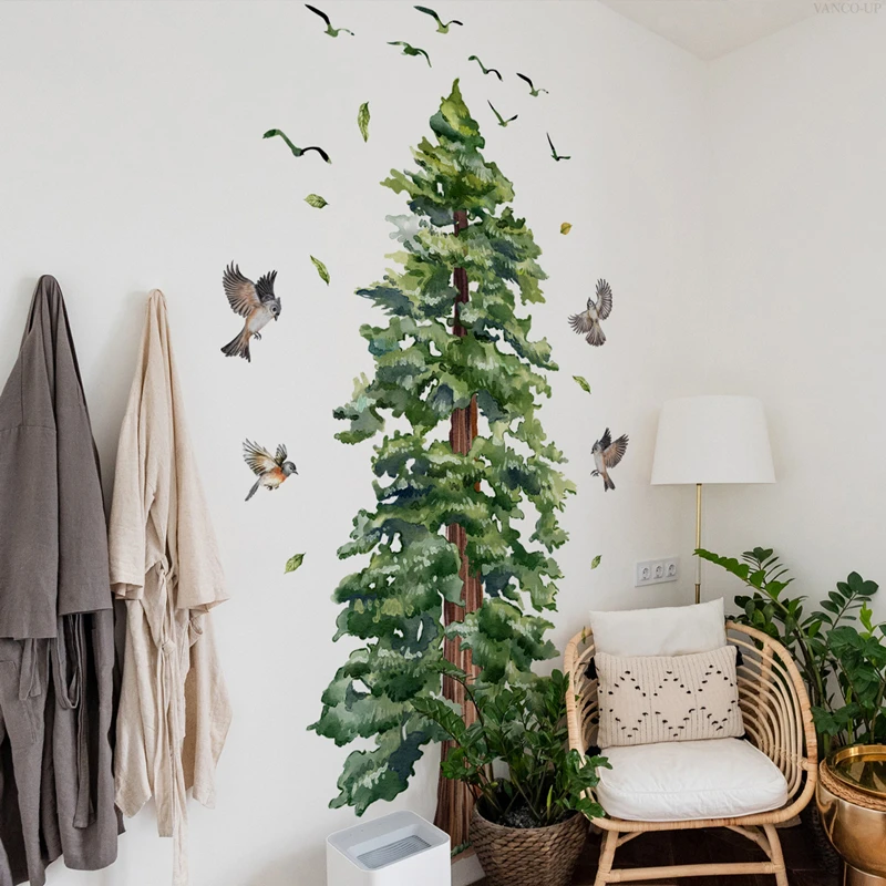 Bigger Evergreen Tree Vinyl Wall Stickers for Living Room Bedroom Porch Home Decoration Birds Fly Forest Landscape Wallpaper