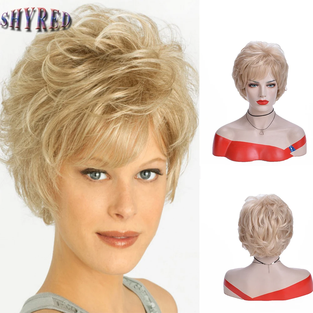 Ladies Short Blonde Curly Wig With Side Part Bangs Synthetic Wig For Women Daily Party Use