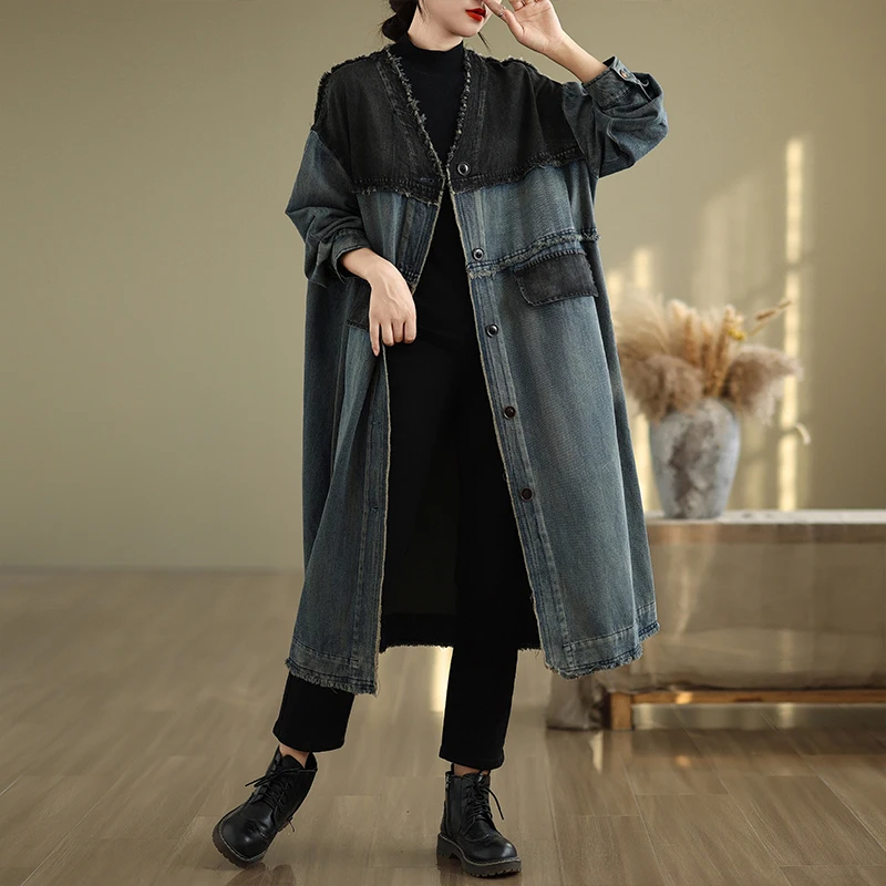 Abrigo de Mezclilla Estilo Retro Casual de Talla ande con Cuello en V, do, Hoado, con Mangas Largas Deilachadas, Es...