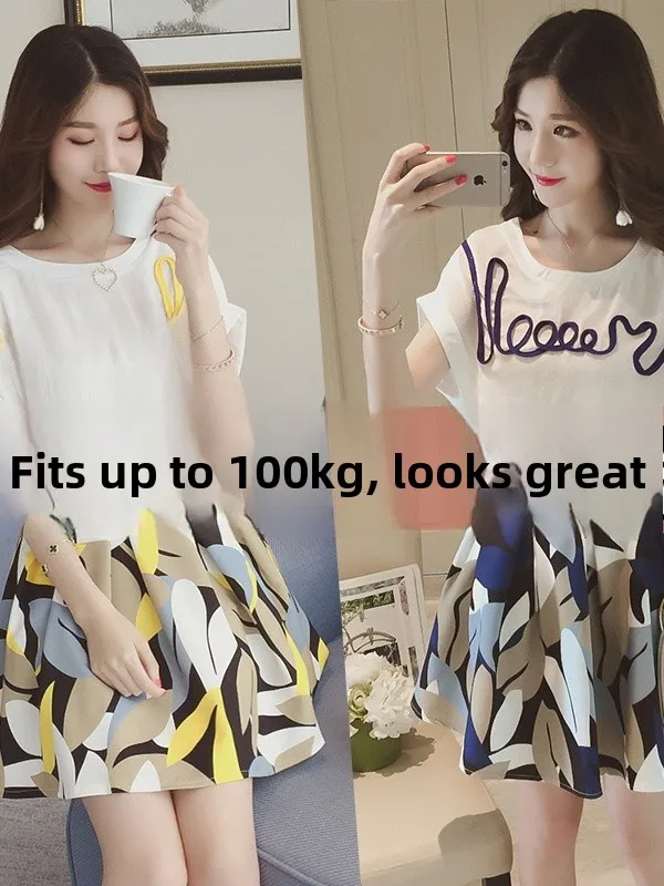 

plus Size Summer Fashion Set High Waist A-Line Skirt Short Sleeve Conceal Belly Two-Piece Set Korean Style Commute Casual Wear