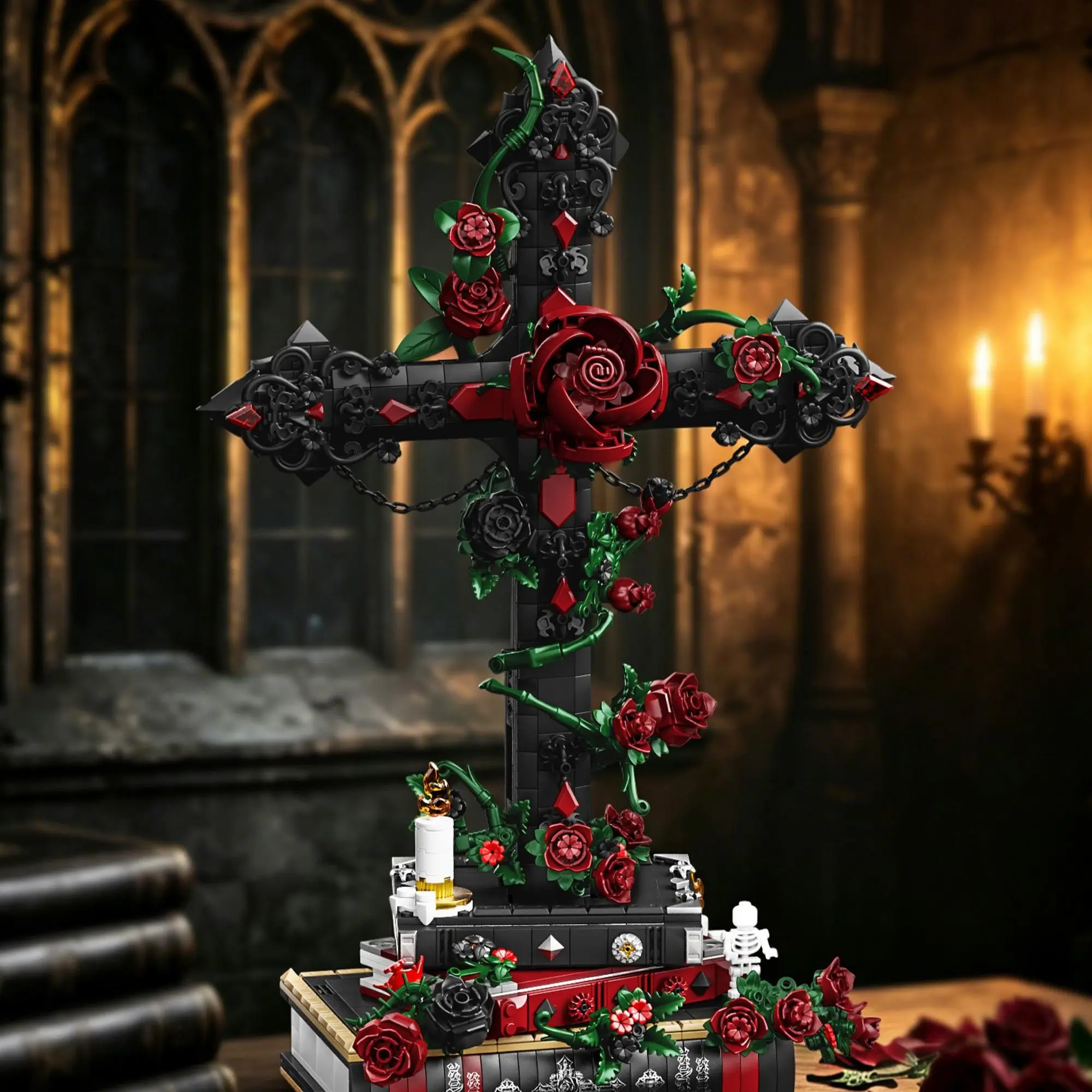 

1334pcs Thorn Cross Building Blocks Desktop Decoration Creative Dark Romantic Thorn Cross Bricks Toys for Adults Halloween Gifts
