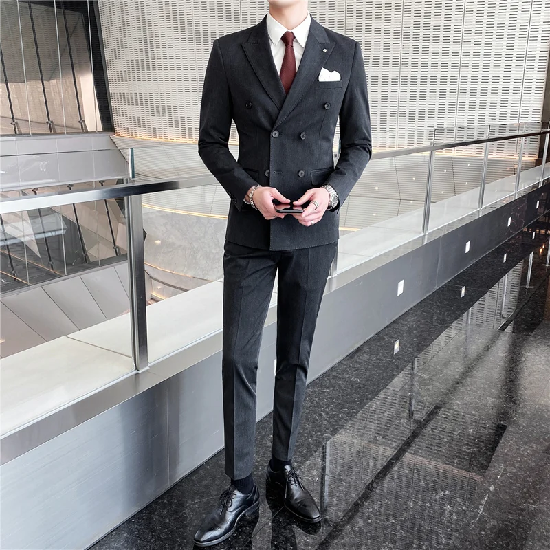 New Double Breasted Suit Two Sets of Korean Version Groom Wedding British Professional Suit Slim Casual Suit Men\'s Clothing