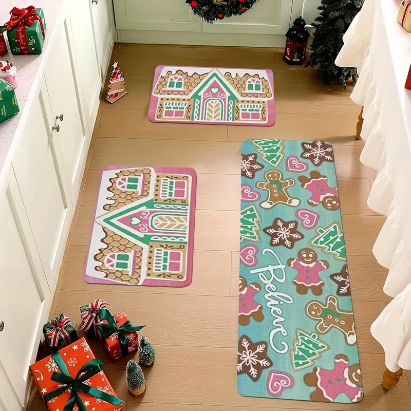 1/2/3pcs Set Home Decor Decoration Area Rugs Runner Living Room Sofa Side Kitchen Gingerbread House Believe Bedside Laundry Mat