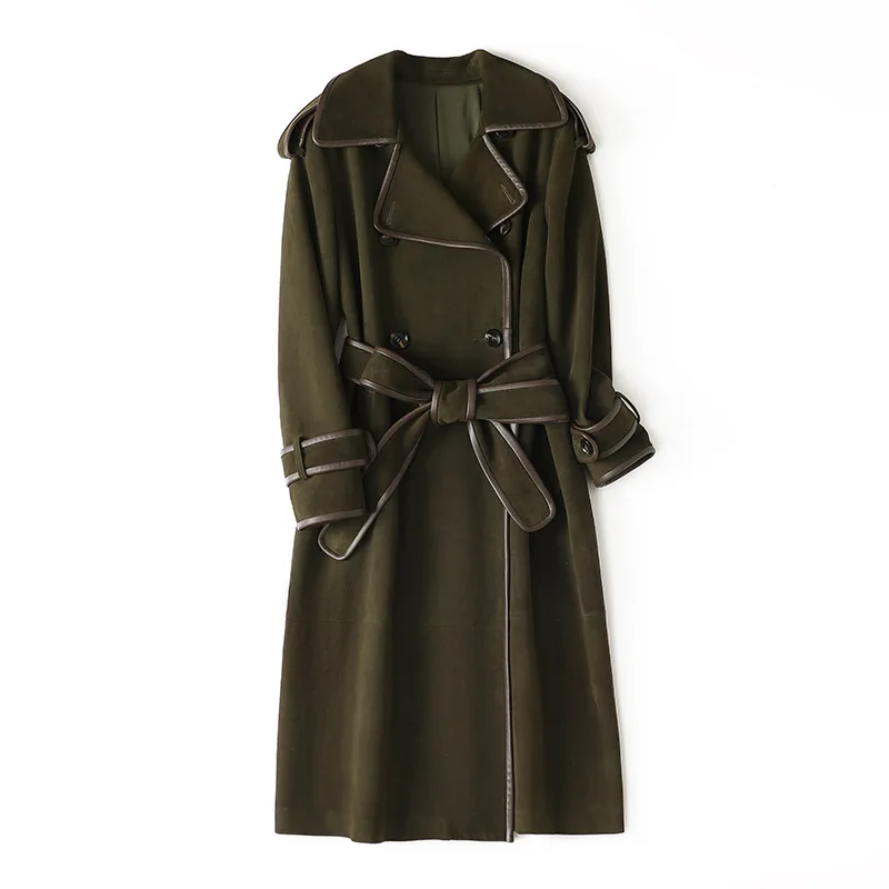 Women's Windbreaker Winter Ladies Sheepskin Suede Lapel Double Breasted Contrast Leather Edge Wrap Army Green Long Trench Coat