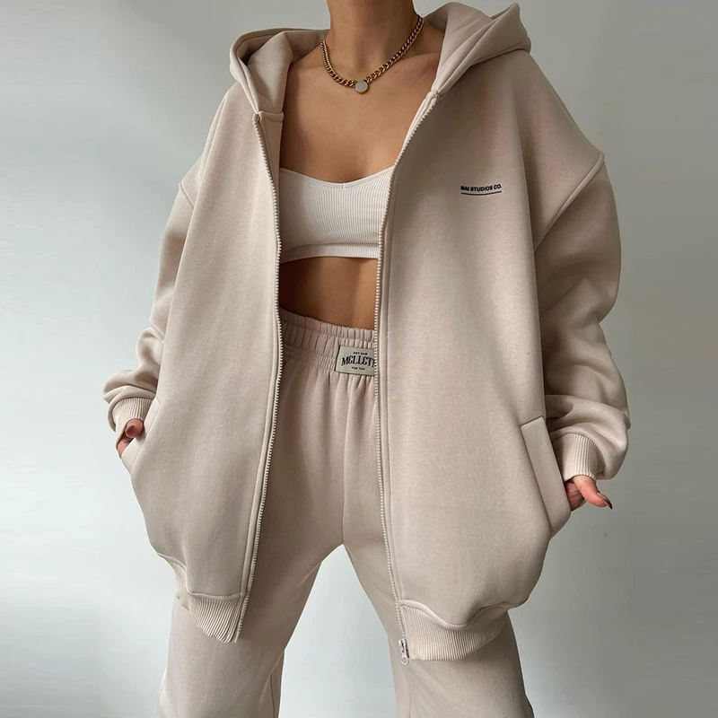 2023 Winter Warm Suit Women Solid Long Sleeve Zipper Outwear Hoodie And Pocket Trousers Two-Piece Set Casual Loose Hooded Sets