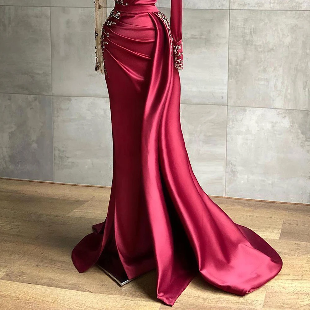 Muslim Luxury Evening Dresses Satin Mermaid Elegant Beaded Pleat Formal Party Prom Gowns Illusion Vestido De Fiesta Custom Made