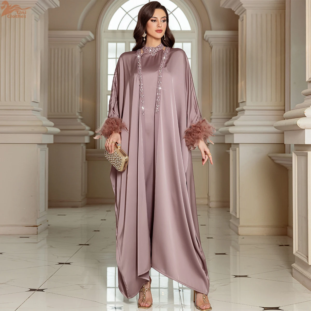 

Uni Luxury Dubai Abayas for Women Feather Satin Kimono Cardigan Muslim Sets Turkey Kaftan Ramadan Islam Robe Abayo