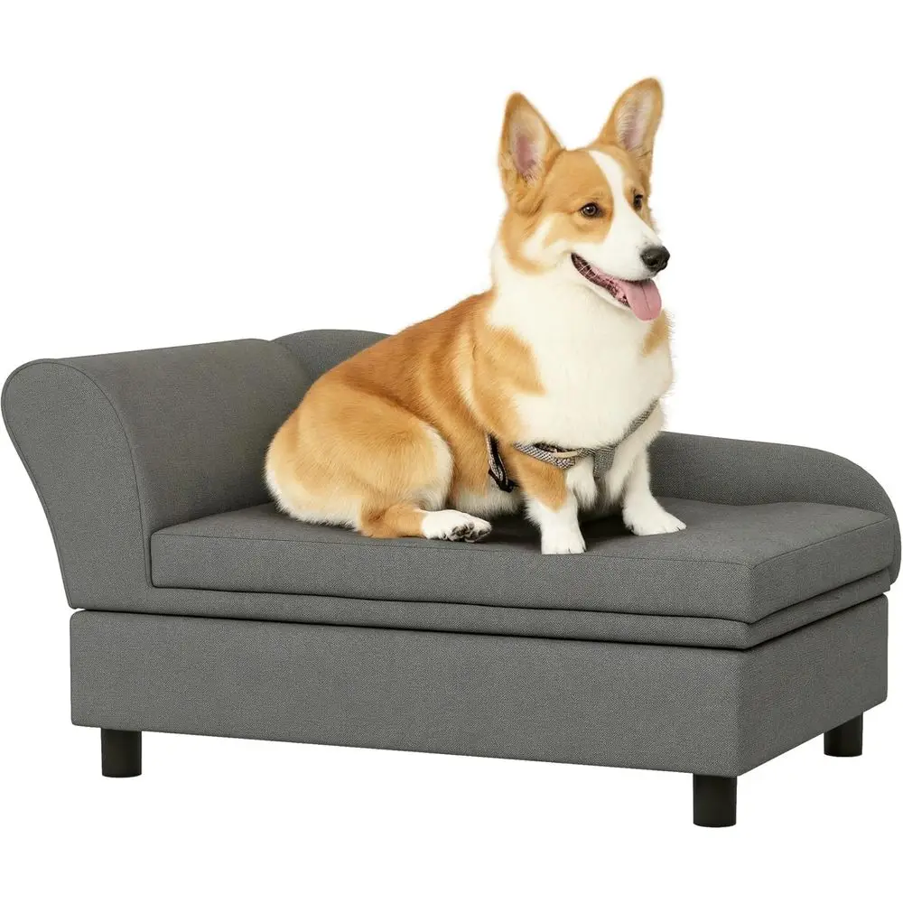 Gray Elevated Dog Bed with Hidden Storage and Removable Cushion for Small Dogs