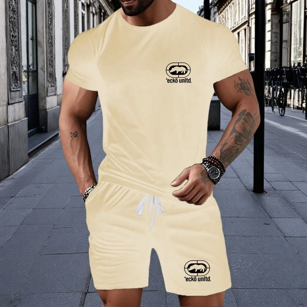 

Men's fashion fitness summer sports set, round-neck short-sleeved T-shirt, five-inch shorts, slimming and fashionable two-piece