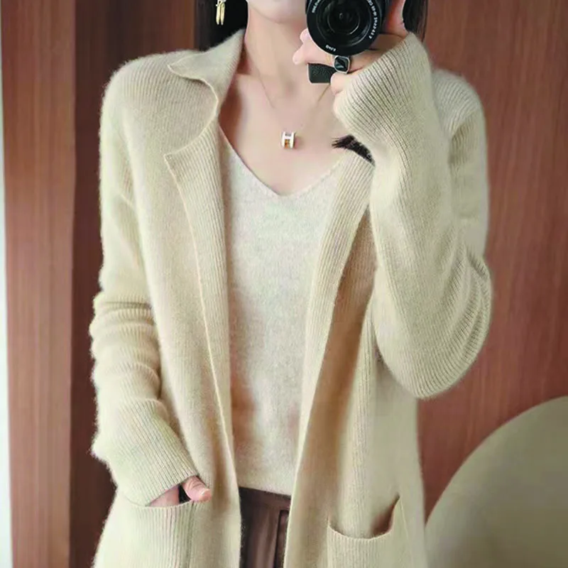 

Mid To Long Cardigan New 2024 Autumn Winter Women's Slimming Loose Sweater Casual Simple Fashionable Long Sleeved Knitted Jacket