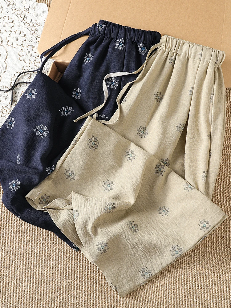 Retro Print Wide Leg Pants Seven-Foot Skirt Women Summer Elastic Drawstring High Waist Draped Loose Casual Trousers