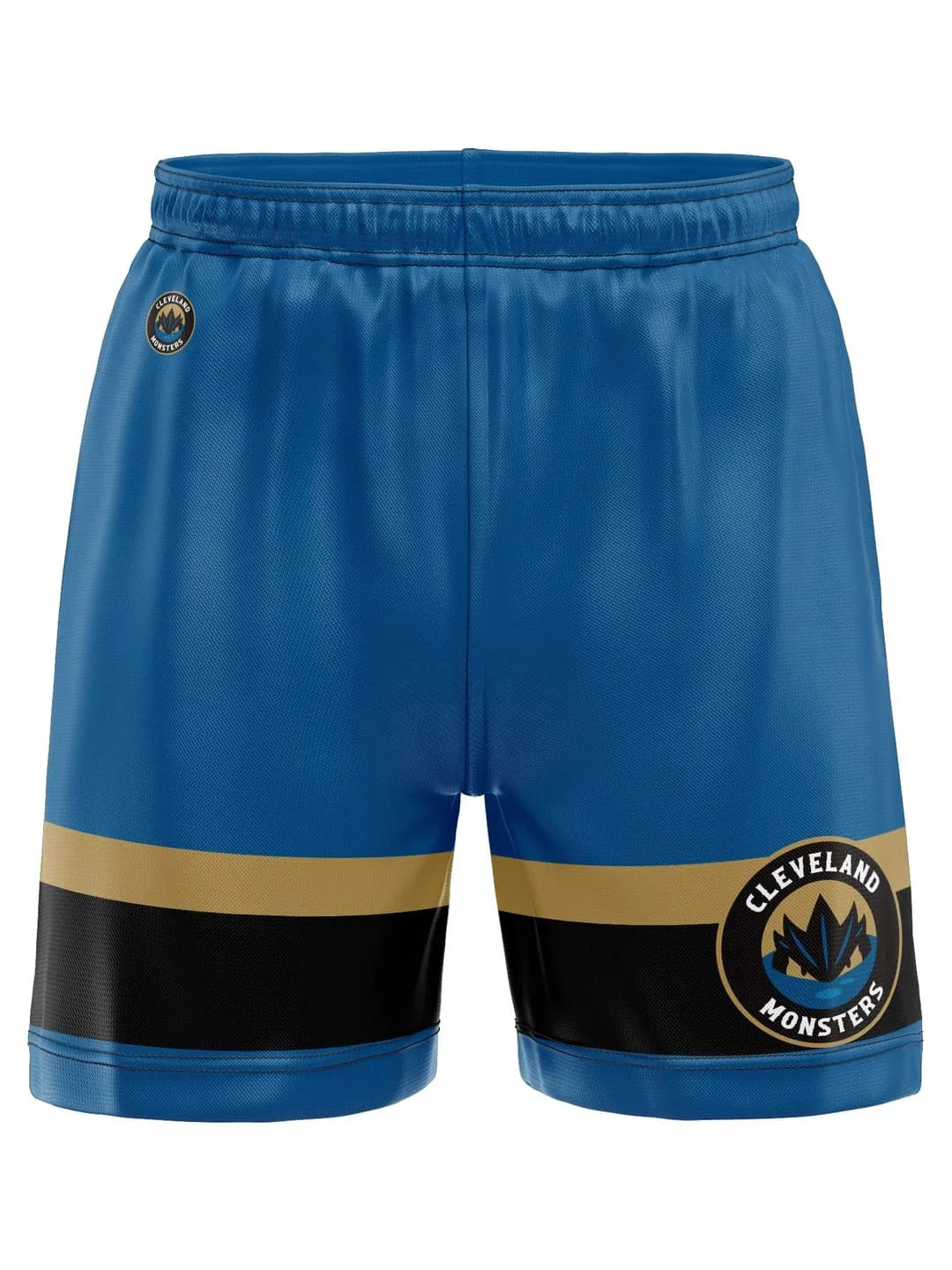 Shorts de hockey sur glace rétro Cleveland Monsters pour hommes, bleu, or, rayures noires, maille respirante, taille élastique, entraînement, fan