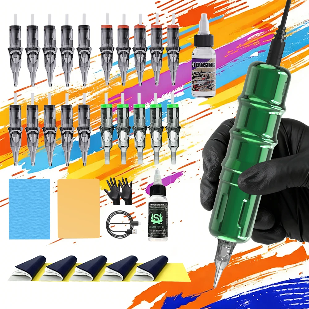 Green Plug‑in Rotary Tattoo Pen Kit Complete Tattoo Set with Cartridges Practice Skin for Beginners