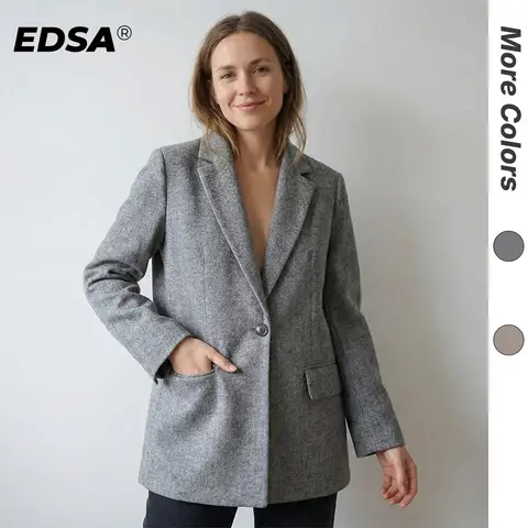 EDSA Women Herringbone Wool Blend Blazer with Flap Pockets for Office Lady Single Button Long Sleeves Jacket Outerwear