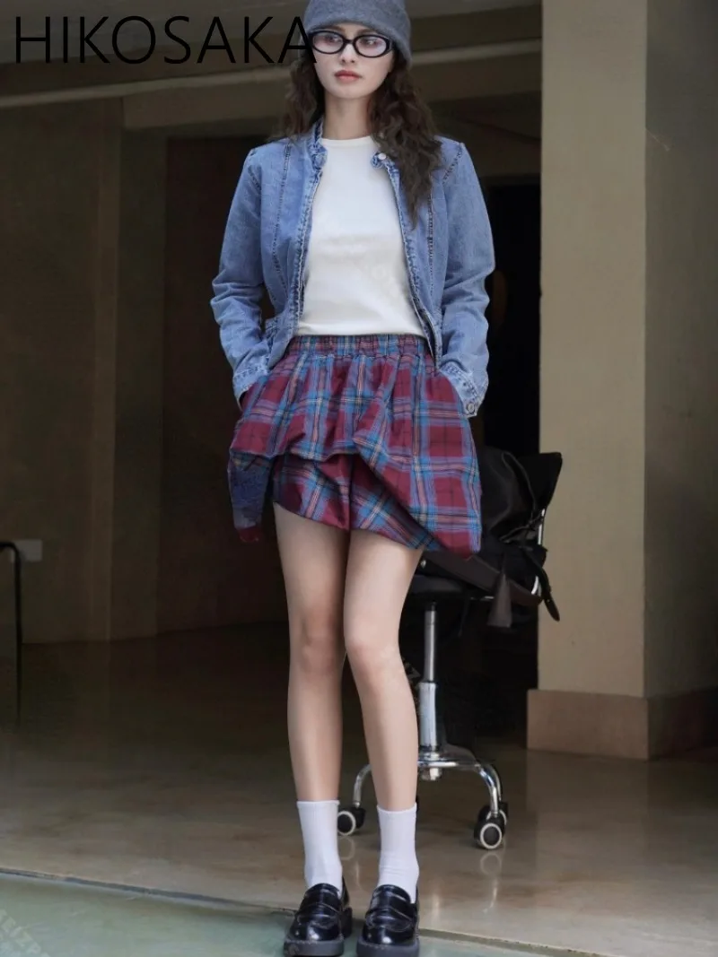 

Spring Summer New Japanese Casual Mini Jupe Elastic Wasit Contrast Color Plaid Irregular Skirt 2024 New Fashion Faldas Mujer