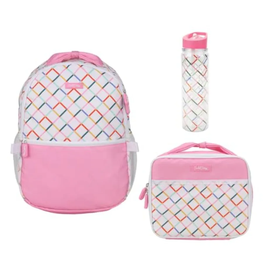 

Colorful Rainbow and Pink Connecting Squares White 17" Backpack Set Includes Matching Backpack Lunchbox and Water Bottle