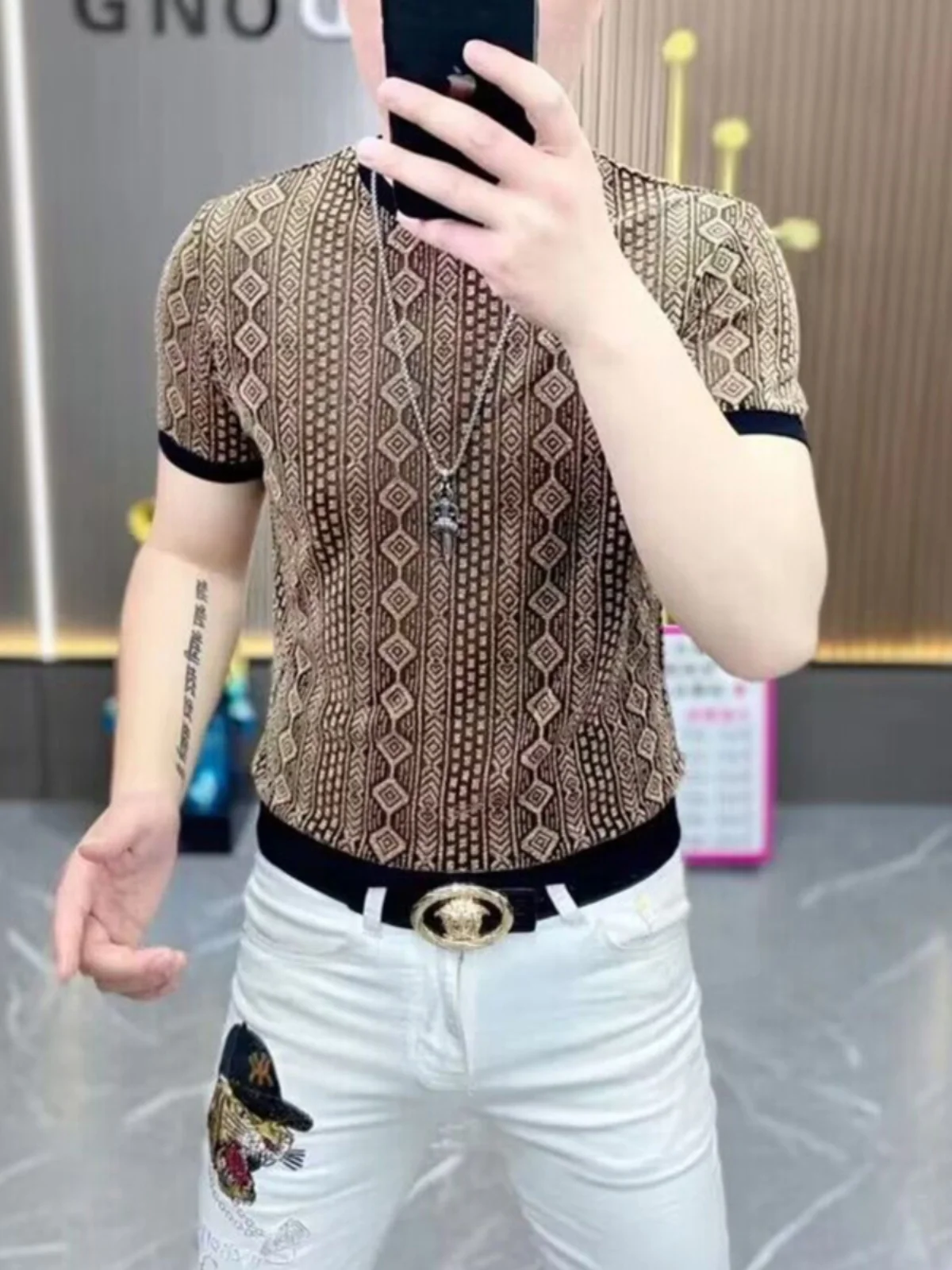 

European Sle Floed ort Sve T-irt Men's Summer Faion Brand Casual Base irt Ice Silk Personali Top