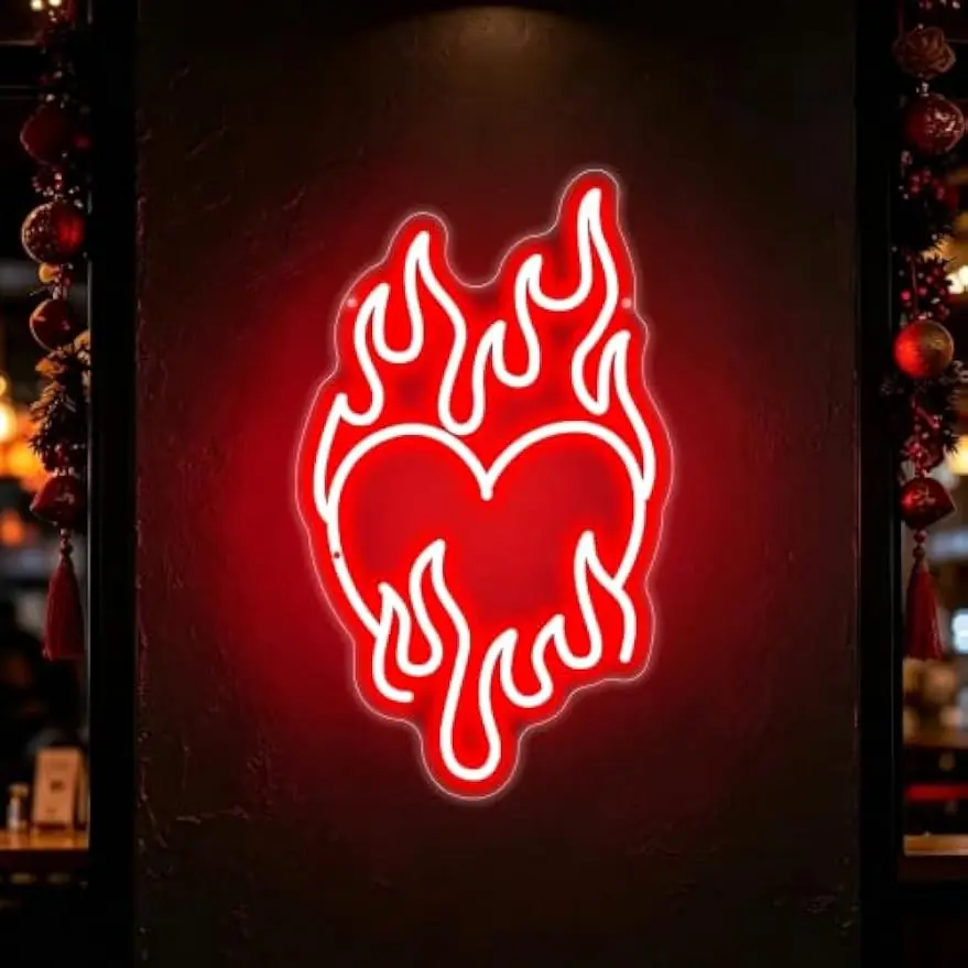 Burning Heart Flame LED Neon Sign USB Powered Neon Light for Bar Bedroom Club Christmas Romantic Aesthetic Wall Art Decor Gift