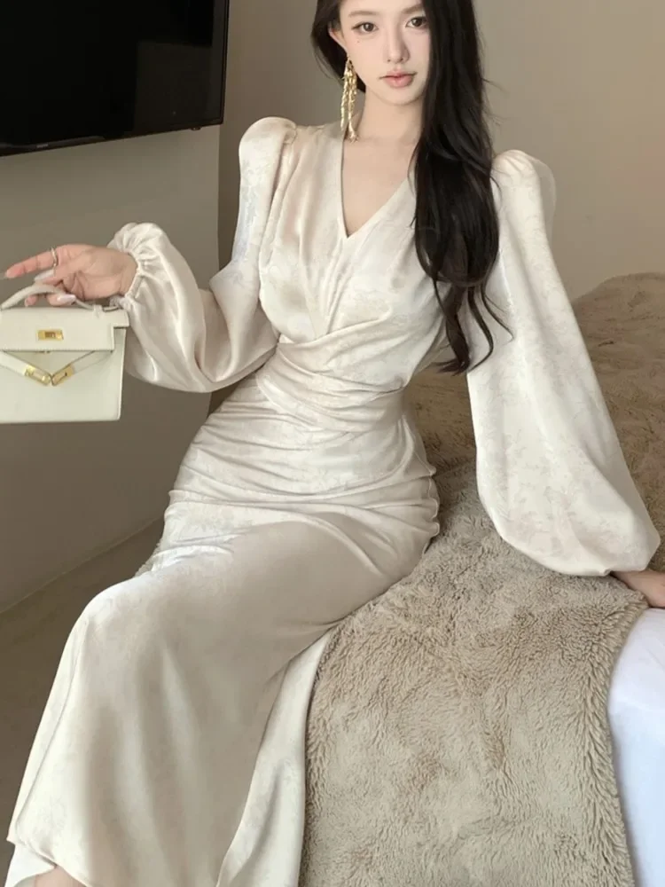 Robe mi-longue imprimée moulante pour femmes, élégante, manches lanternes, col en v, à lacets, style sirène, Robe de soirée, automne