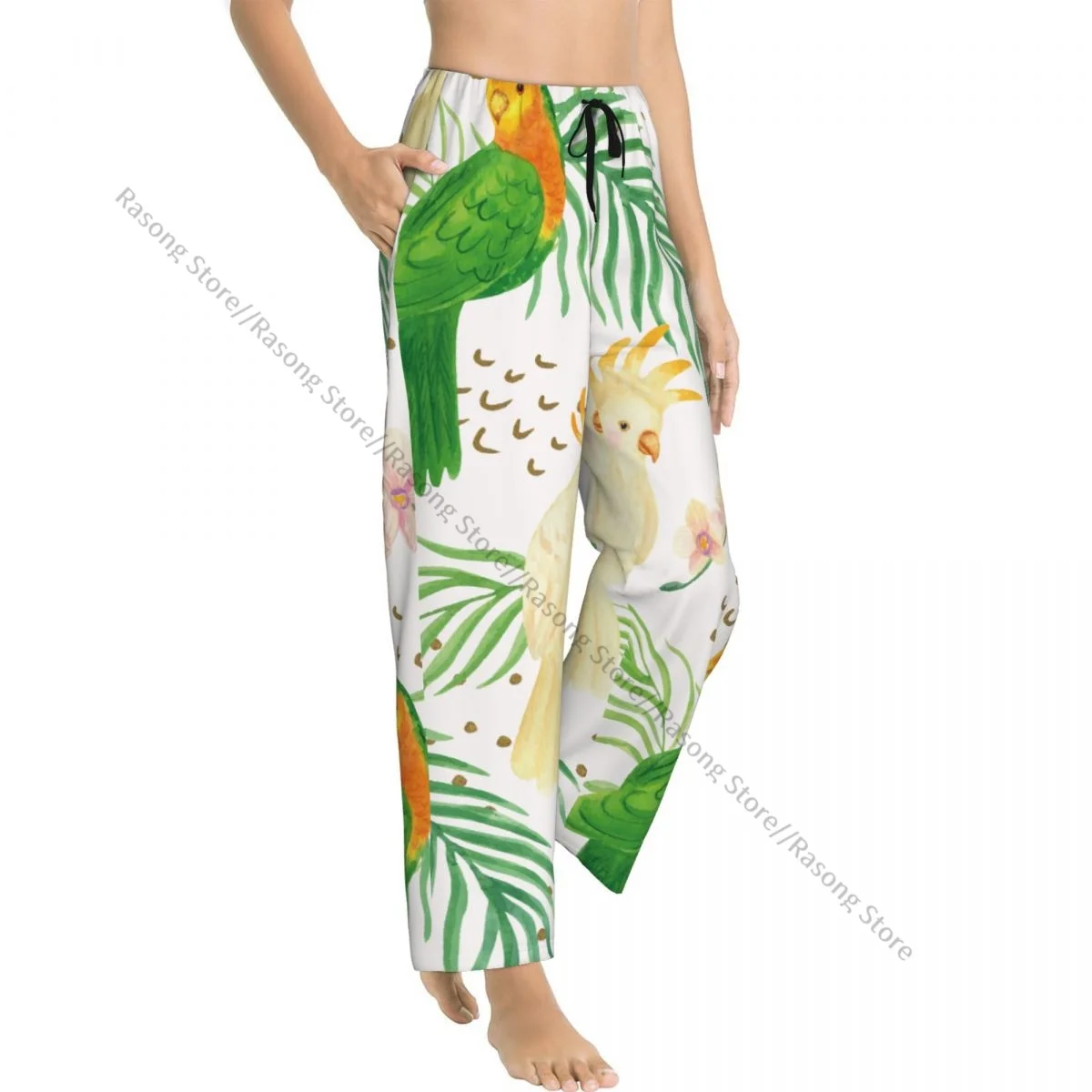 Cozy Flannel Pajama Pants for Women Watercolor Summer Tropical Birds Sleep Bottoms Home Loungewear