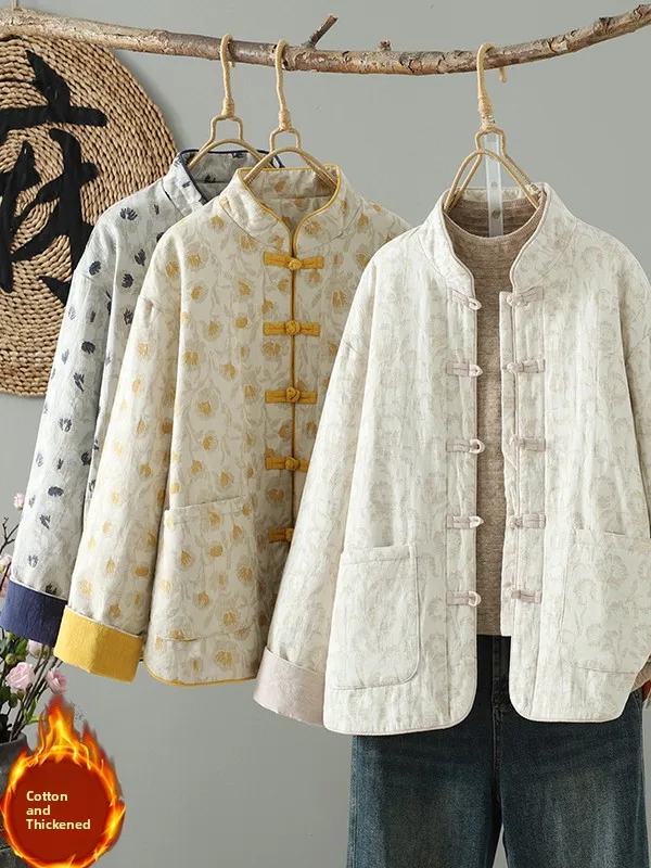 

New Chinese Style Women's Cotton Jacket with Button Embroidered Linen Cotton Winter Outerwear Thickened Long Sleeve Stand Collar