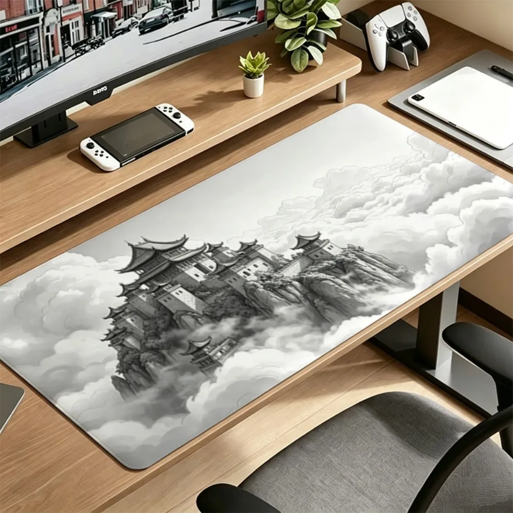 Large single-color East Asian cliff palace pattern polyester mouse pad, wear-resistant easy-to-clean alfombrillas gaming