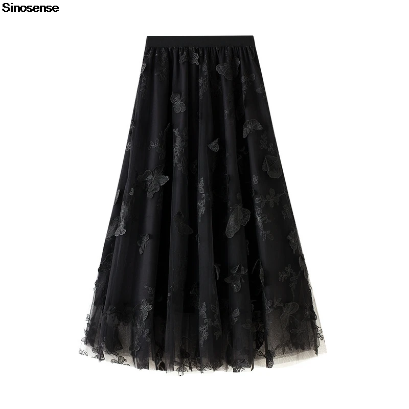 Women Butterfly Embroidery Tutu Tulle Midi Long Skirt Elastic High-Waisted Slimming A-Line Fairy Skirt Layered Mesh Skirts