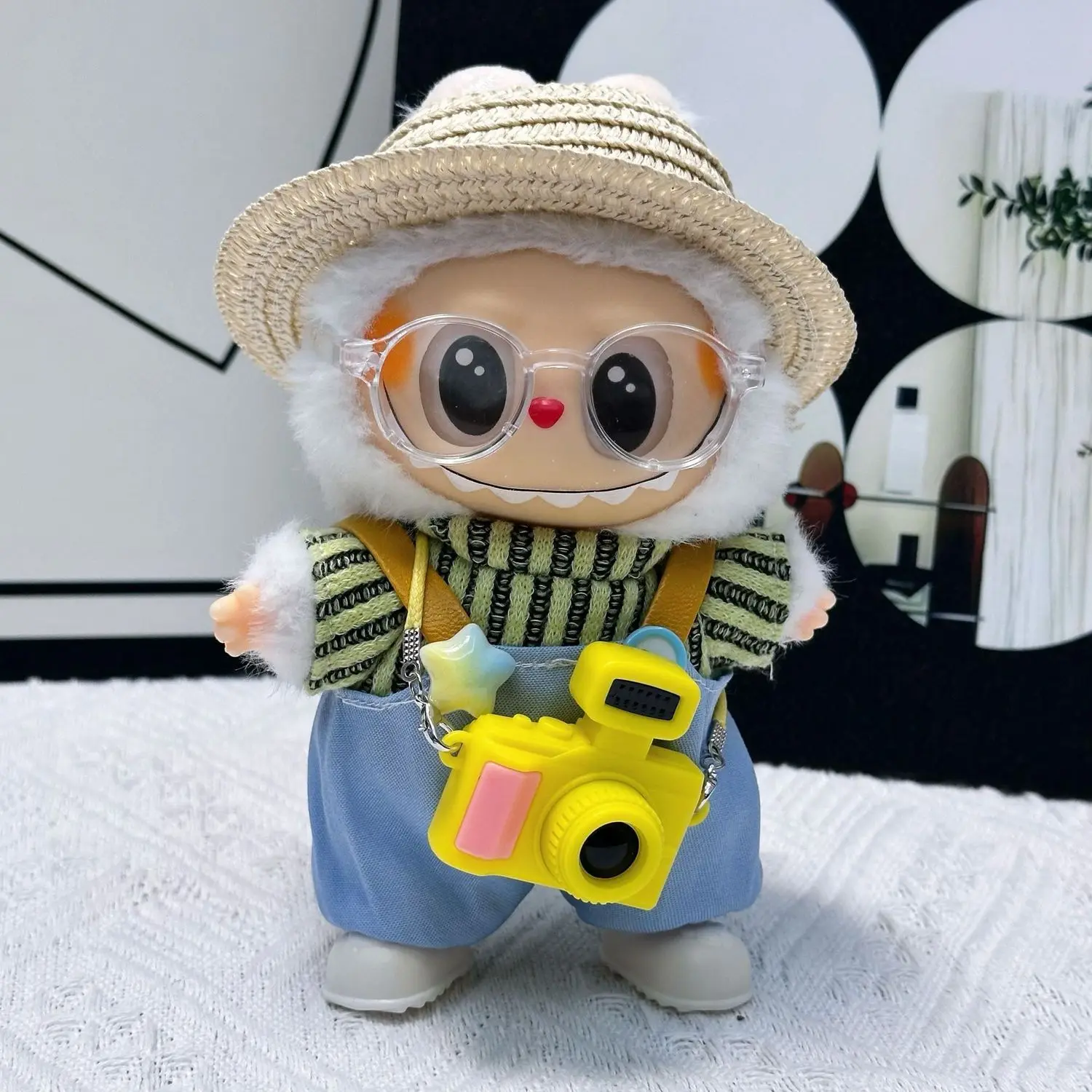 

17cm Labubu Sitting Party Doll Cute Bear Overalls Straw Hat Camera Glasses Outfit for 1.0 2.0 3.0 Generation Vinyl Figure