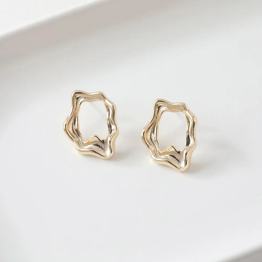 2PCS 14k Gold Plated Irregularity Ear Studs Hollowed Out Circle Earrings Jewelry Findings DIY Brass Handmade 22*29mm