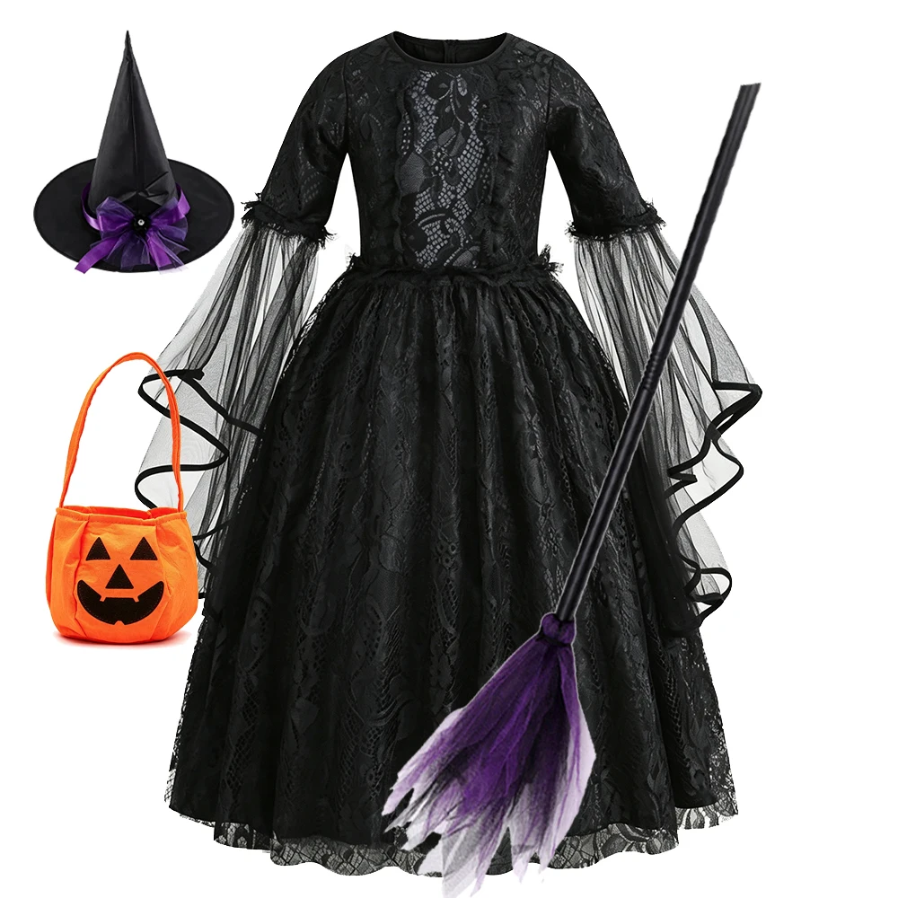 Girls Witch Halloween Costume Set with Black Lace Dress, Witch Hat & Broom Kids Spooky Party Dress Up Outfit Gothic Fancy Dress